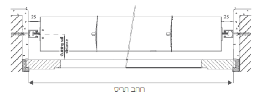 מקטע רוחבי של מנגנון הזזה עם מסילות הדרכה ומשטחי החלקה.