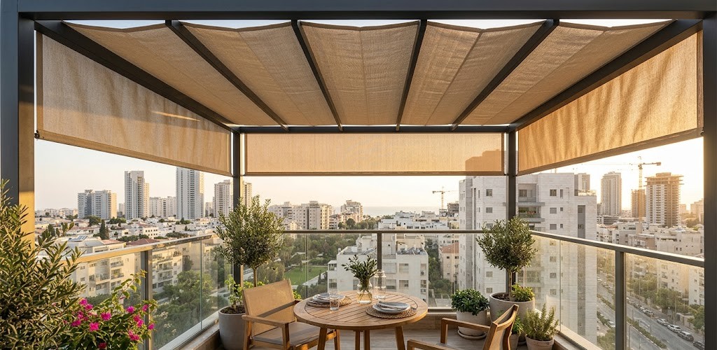 פרגולת אלומיניום עם גג בד נפתח מעל מרפסת עם שולחן אוכל וצמחייה
