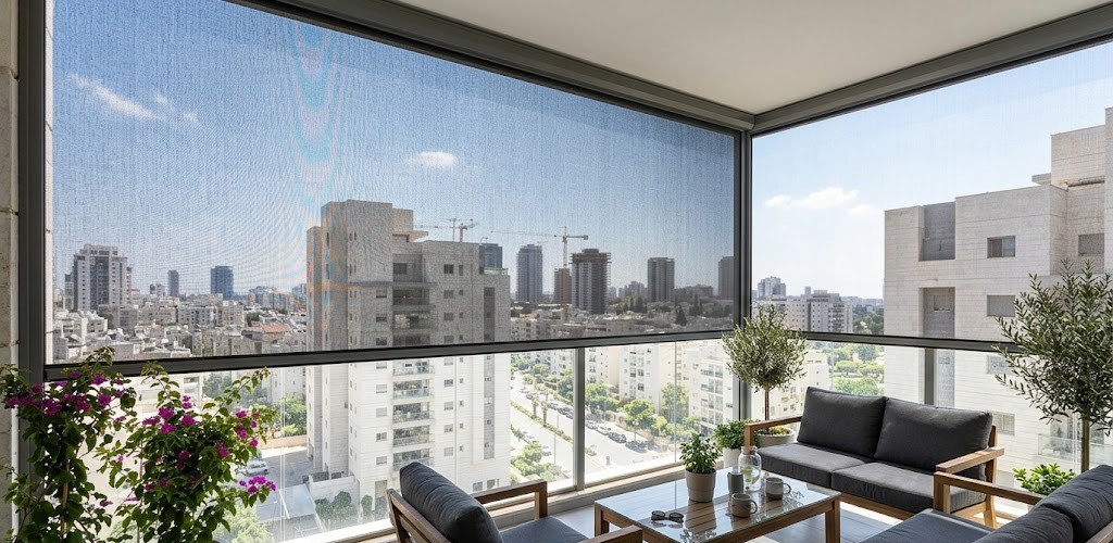 מסך זיפ אפור מותקן במרפסת דירה עם נוף לעיר דרך הרשת