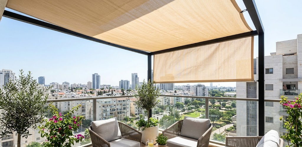 מרפסת שמש מוצלת עם פינת ישיבה ונוף לעיר